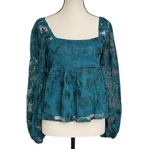 Altar'd State Blue/Green Teal Puff Sleeve Forest Garden Fairy Peplum Babydoll